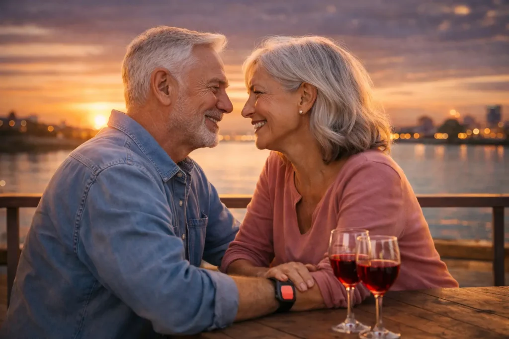 Senior couple smiling and sharing a romantic moment over wine at sunset by the water
